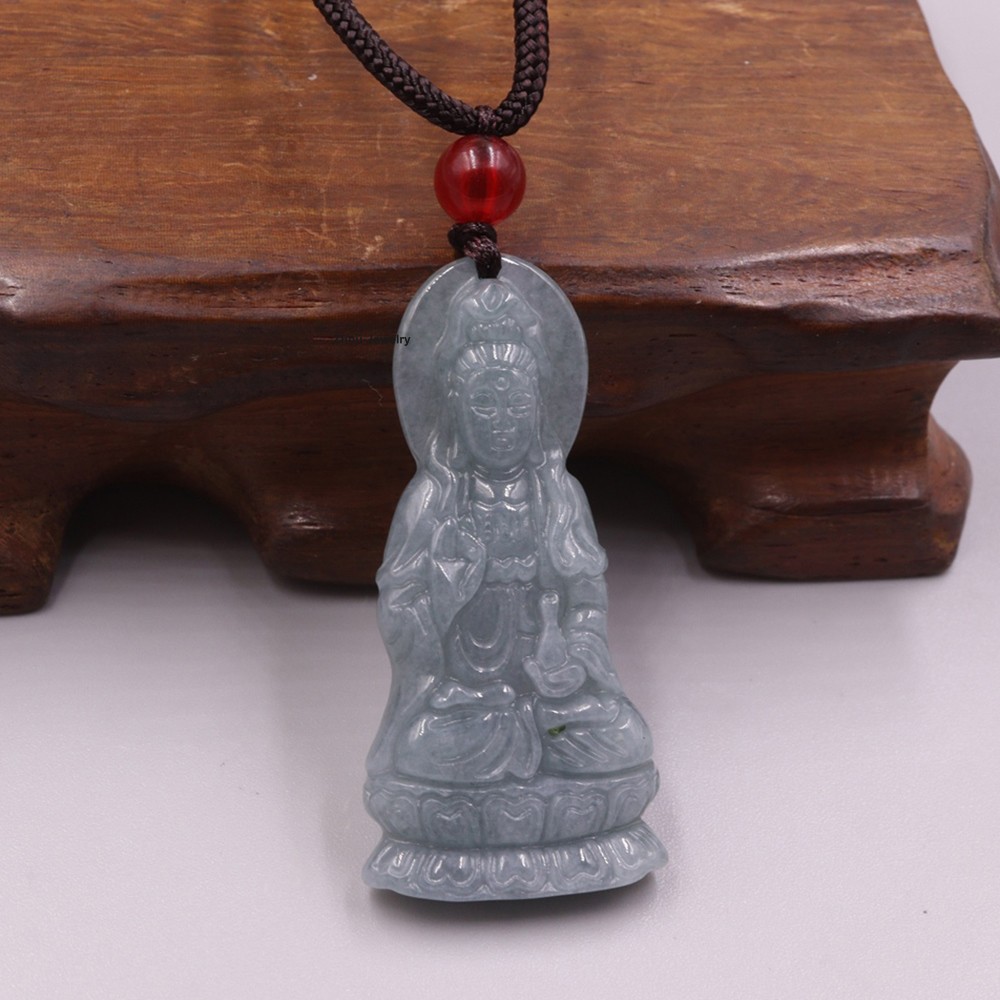 New Natural Jade Blue-Green Jadeite Kwan-Yin Pendant 42.5mm H With Certificate