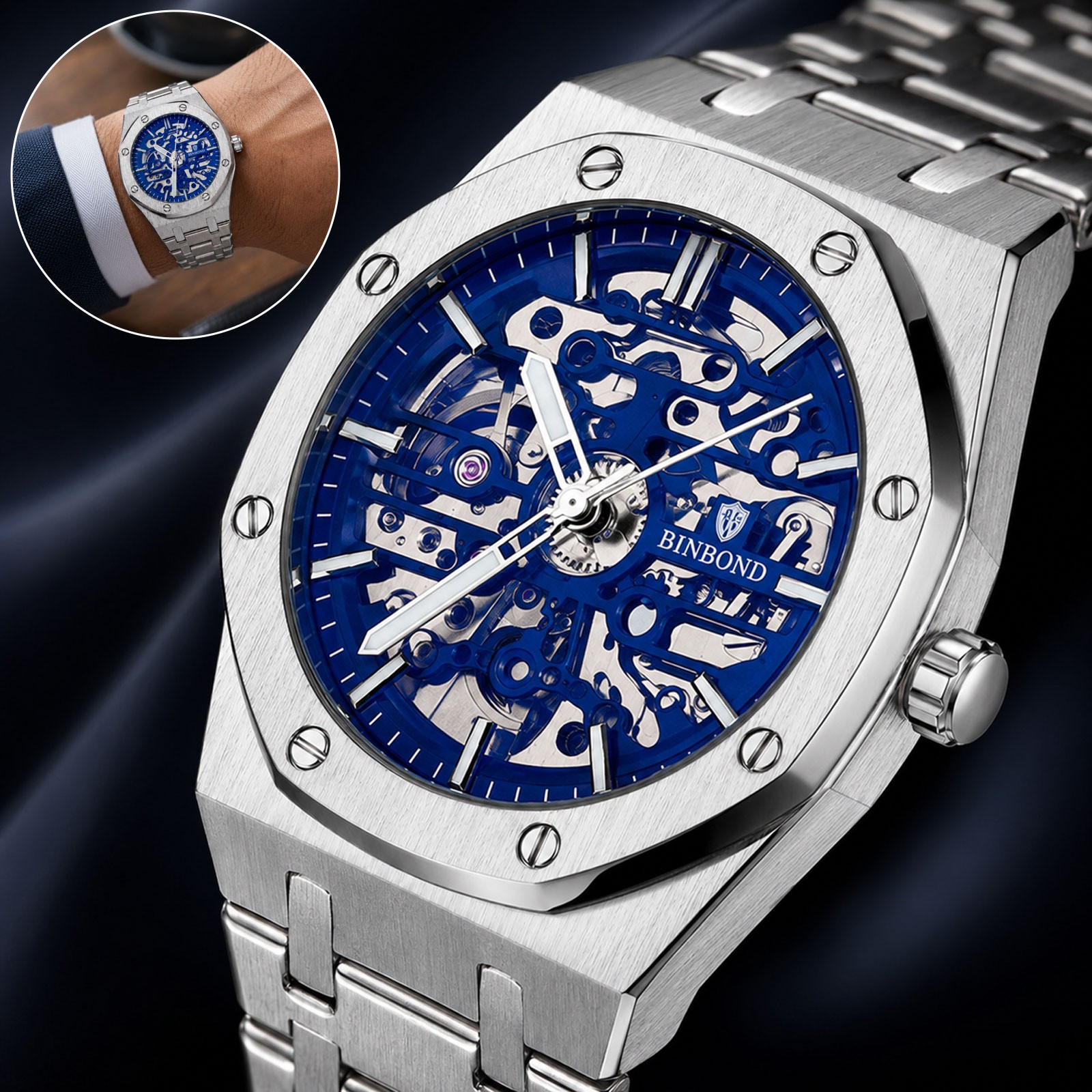 Men’s Automatic Mechanical Wristwatch Skeleton Stainless Steel Blue Dial Luminou