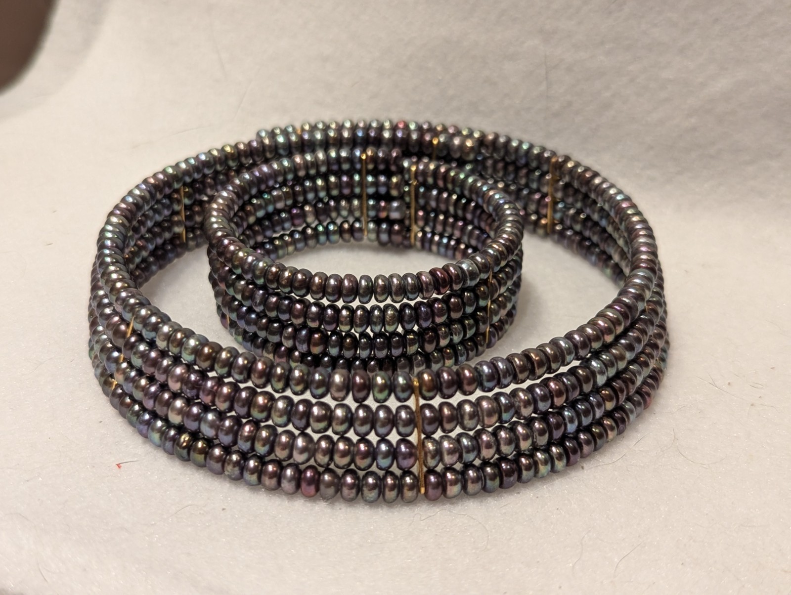 Four Row Wide 4 MM Iridescent Black Pearl Choker Necklace & Bracelet Set 16″ 8″