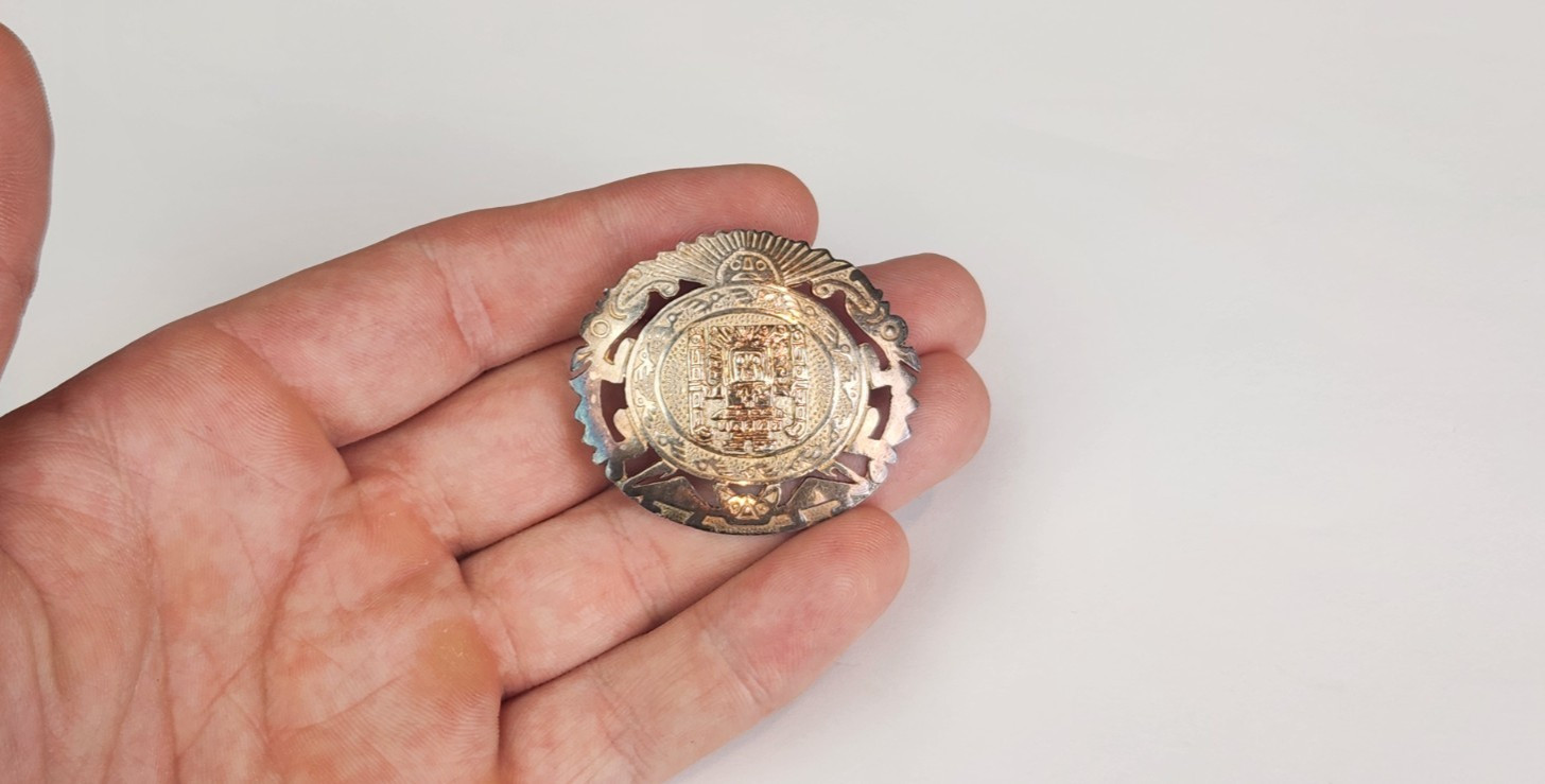 Vintage Peru STERLING SILVER & 18K GOLD Aztec Mayan Brooch