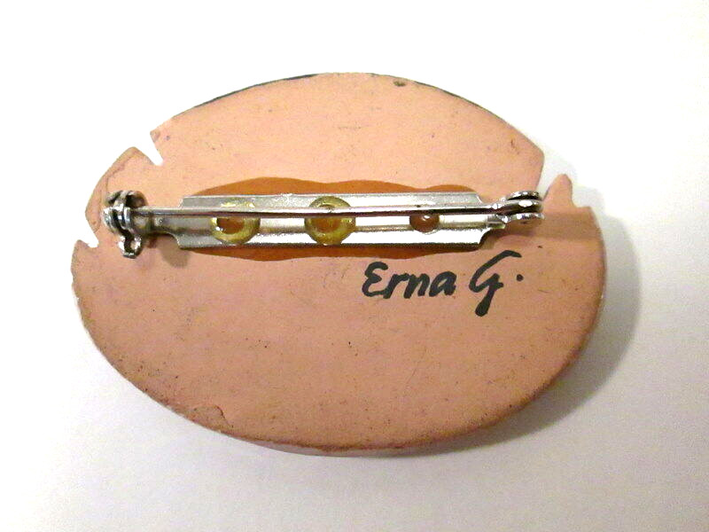 Contemporary Brooch Pin MCM Ceramic & Enamel Artist Signed Erna G Abstract Oval