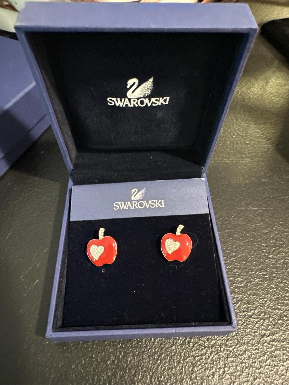 RARE! SWAROVSKI CRYSTAL RED ENAMEL APPLE EARRINGS SIGNED RETIRED