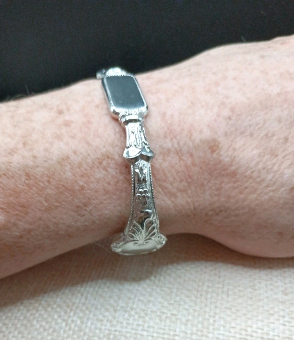 Vintage Spoon Cuff Bracelet ID Engravable Silver Tone Floral Size 5-7 Adjusts