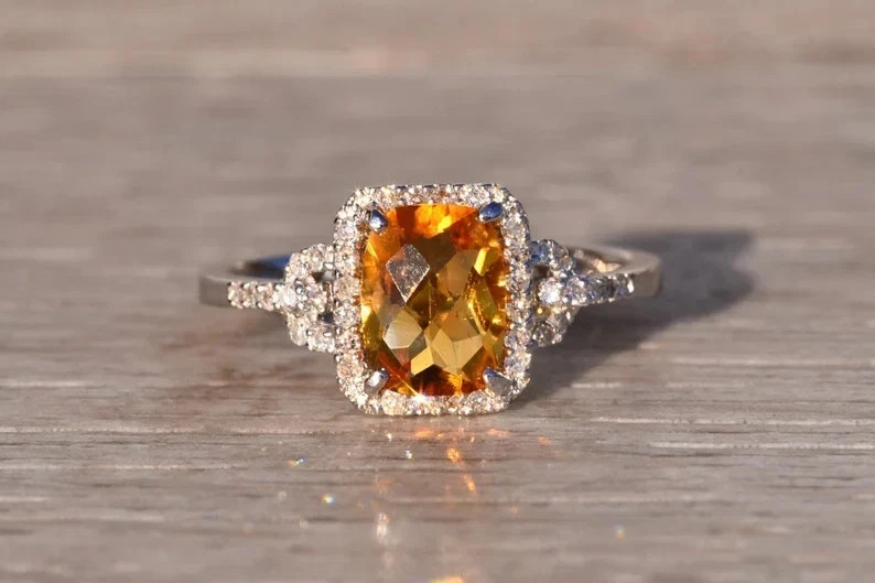 5.00Ct Cushion Cut Natural Citrine & Diamond Real 14K White Gold Wedding Ring