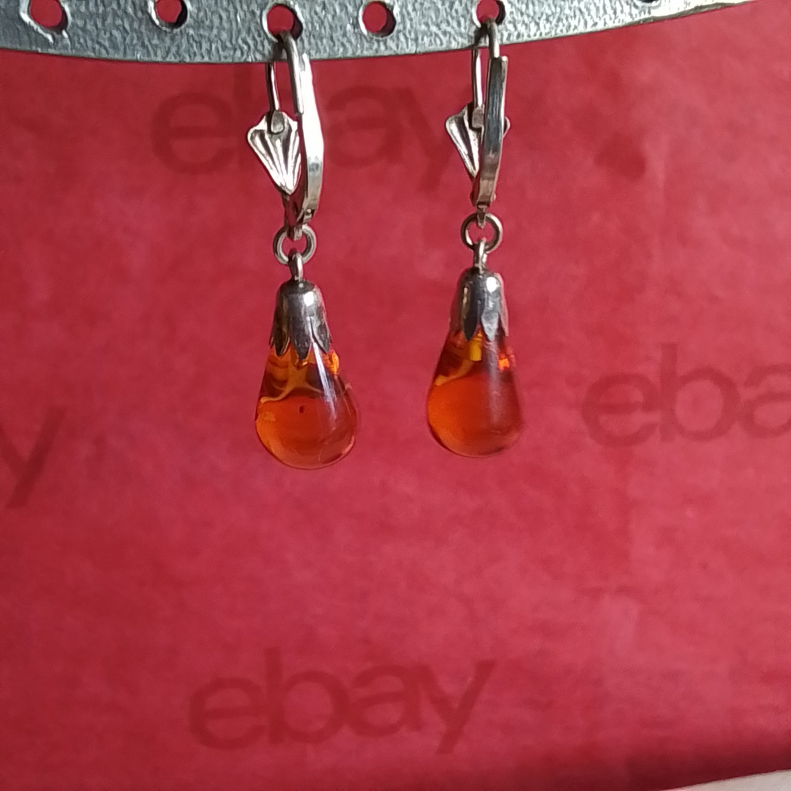 Sterling Silver Lever Back Dangle Earrings, Amber Teardrop, 1 3/8 in, Pre-owned