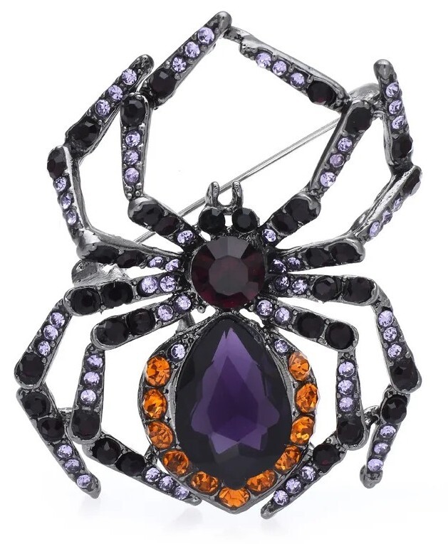 VINTAGE STYLE PURPLE ORANGE & BLACK SPIDER BROOCH VERY SPARKLY LOVELY HALLOWEEN