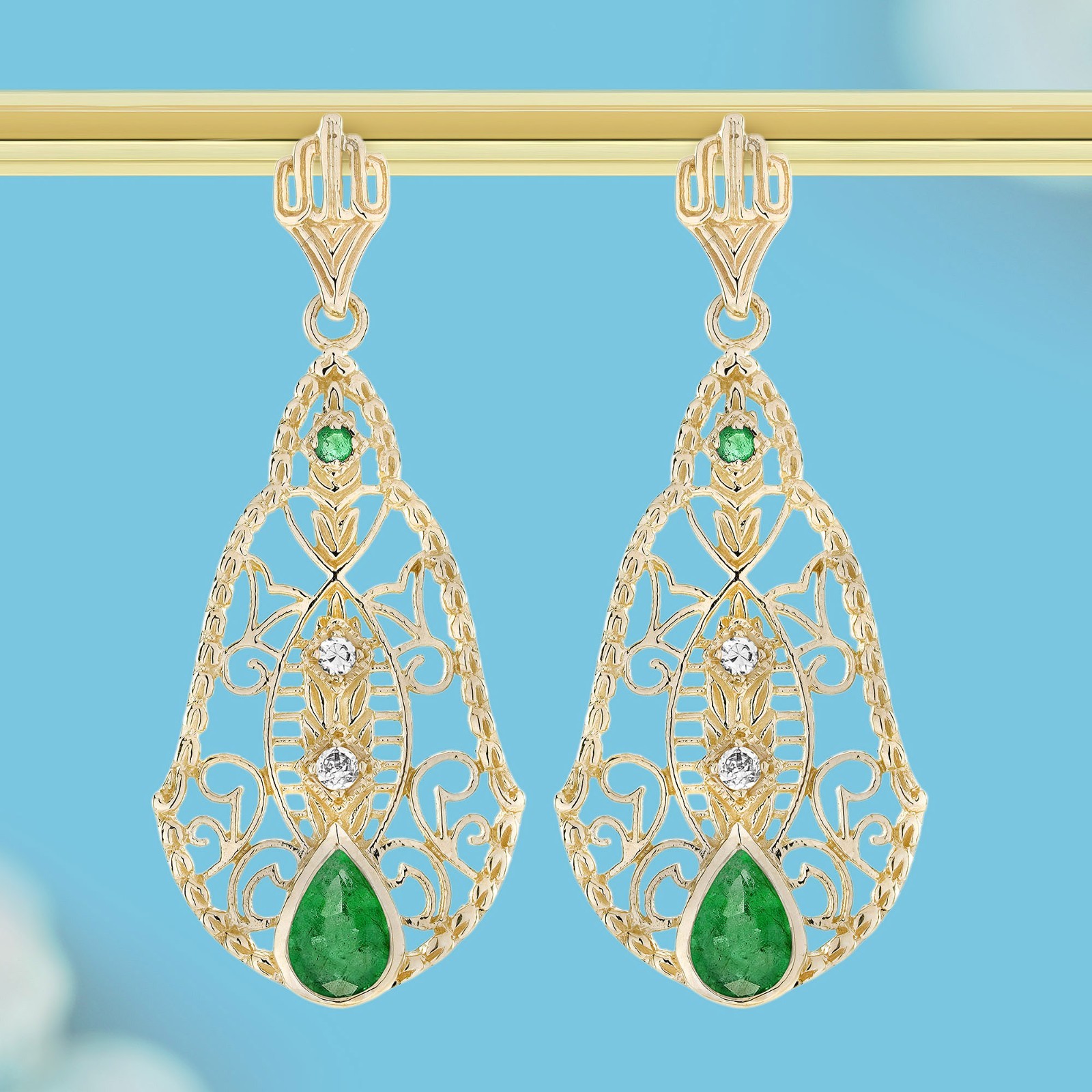 9K Yellow Gold Emerald Diamond Accent Teardrop Filigree Earrings