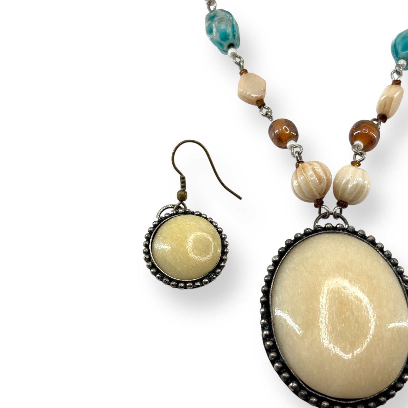 VTG Faux Bone Beaded Gemstone Necklace Earring Set Multicolor Hand Made Pendant