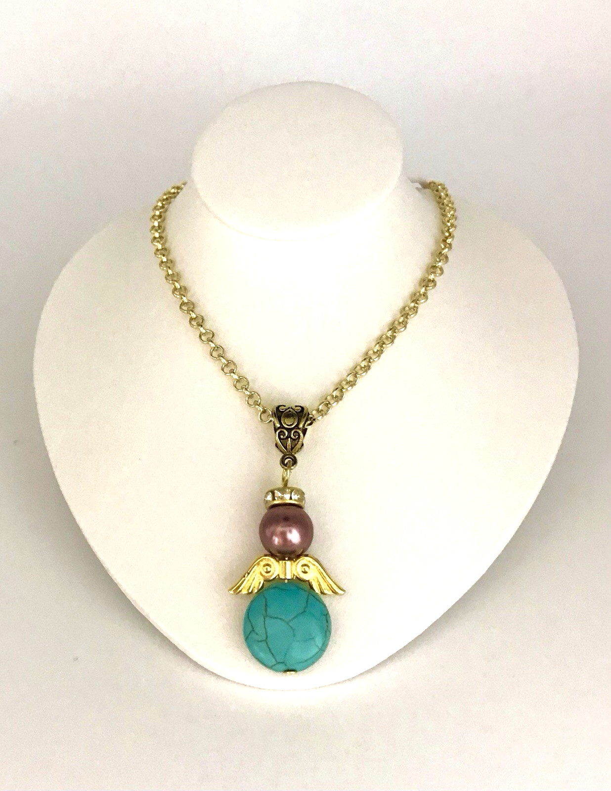Angel Necklace Turquoise Howlite & Mauve Glass Pearl Bead Gold color Wings Chain