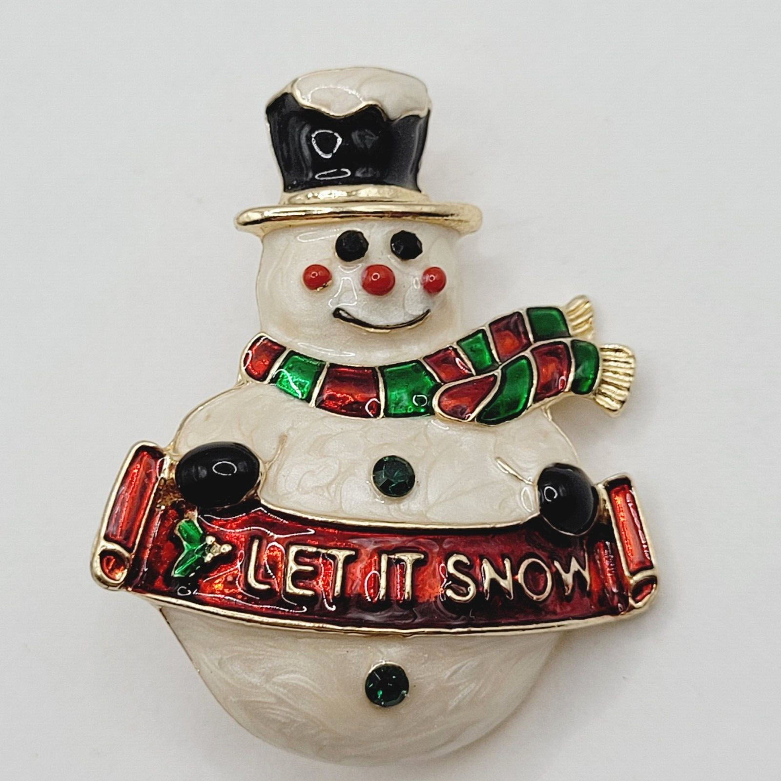 LET IT SNOW Metal and Enamel Snowman with Top Hat Scarf Gold Tone Brooch Pin