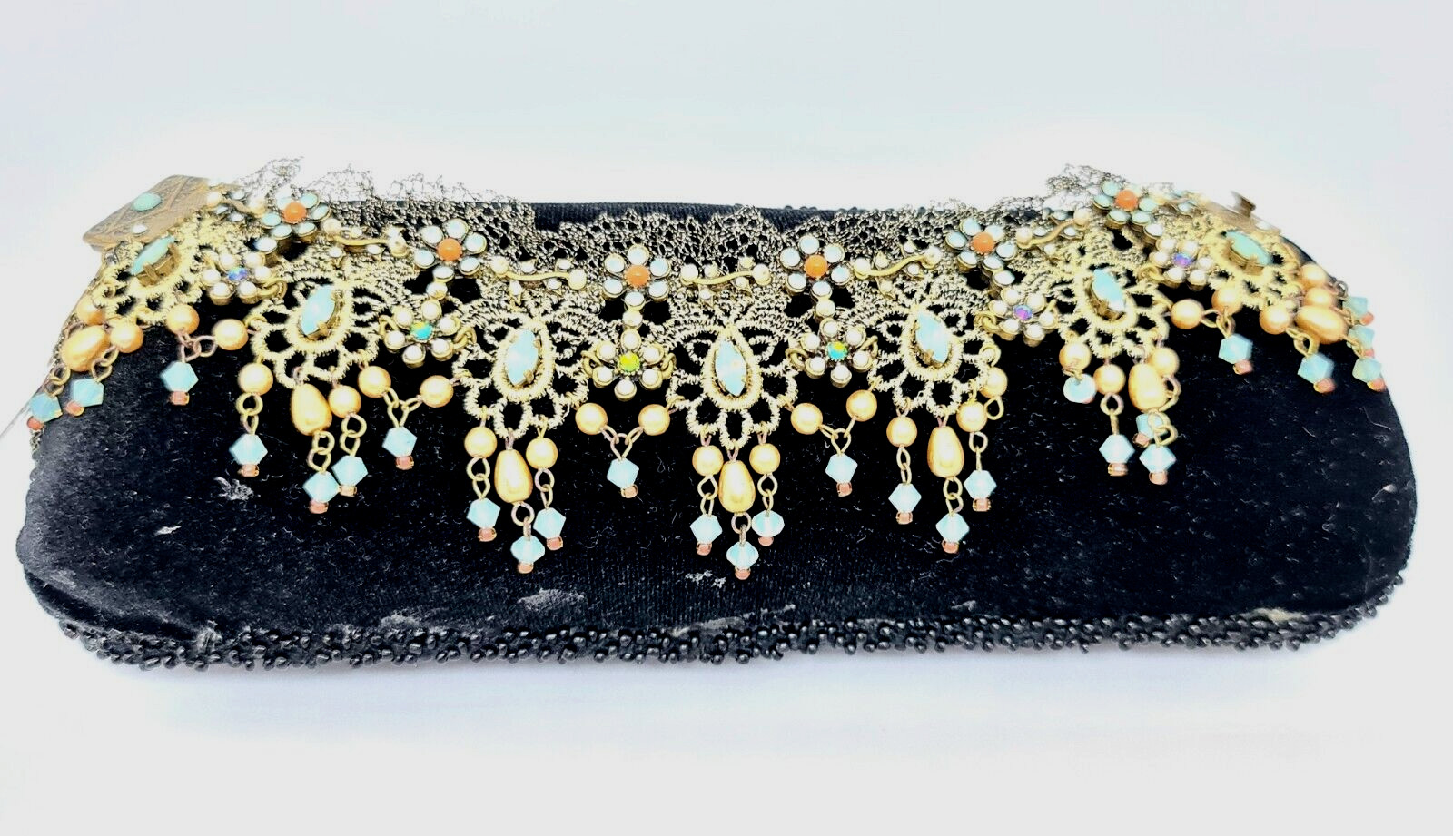 Lovely Michal Negrin Fabric Lace Bracelet Crystal Flowers Unique.