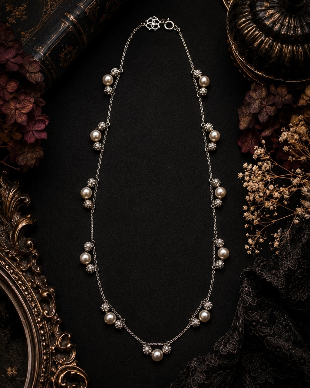 Ann Taylor Silver Tone Faux Pearl & Crystal Station Necklace 32″ Long