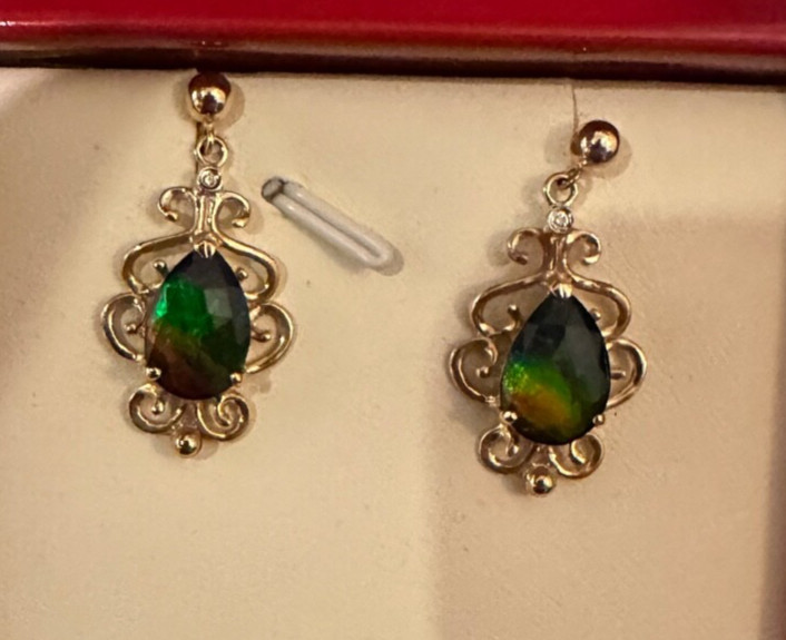 NEW🎁 KORITE Ammolite Earring GRADE A 14K Dia/Gold with cert! $$ DROP-GIFT ME!!