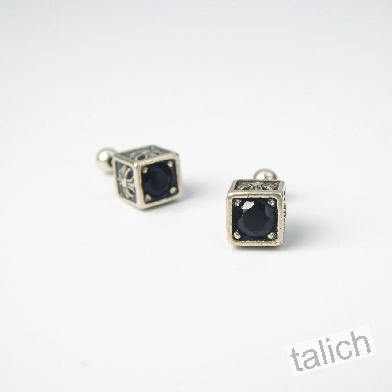 925 Sterling Silver Black CZ Tiny Cube Stud Earrings with Cross Ball Screw Back