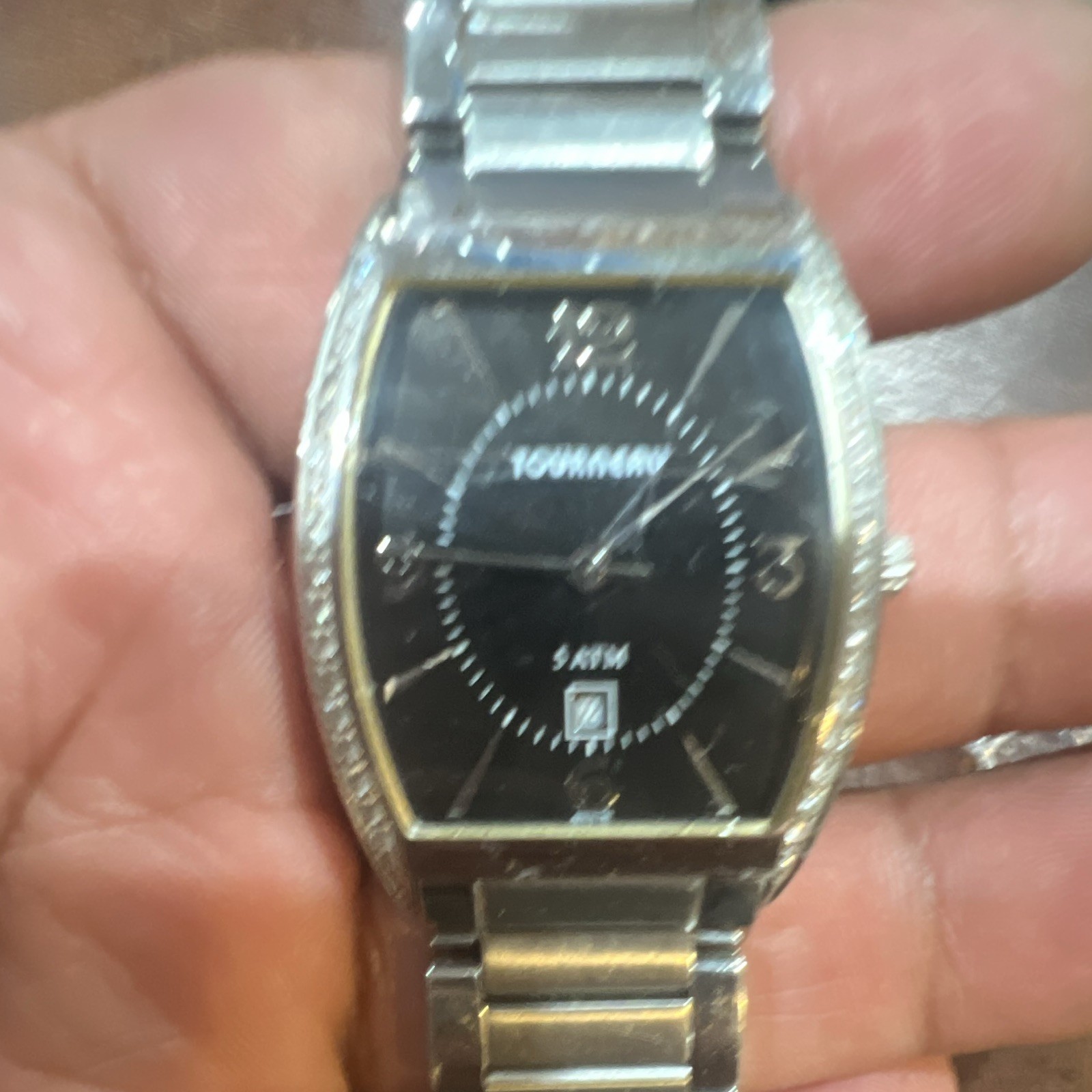 Tourneau unisex Tonneau Black Dial Quartz Date Diamond 50m Watch stainless