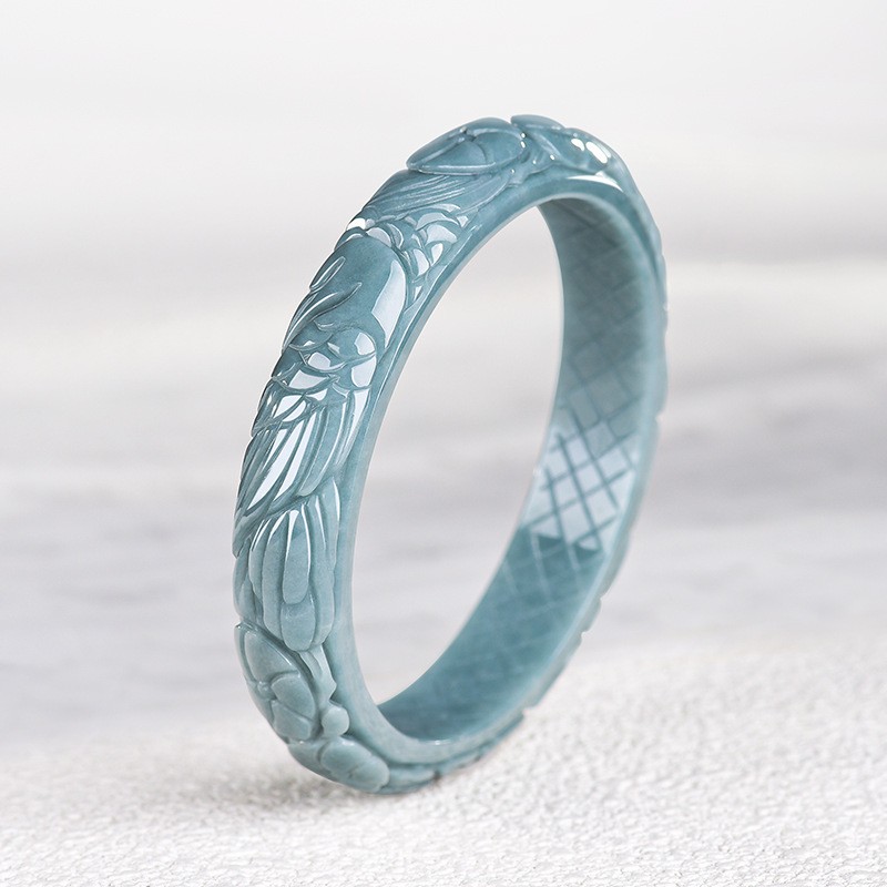 Certified natural A-grade jade blue water carved phoenix peony bracelet 54-64mm