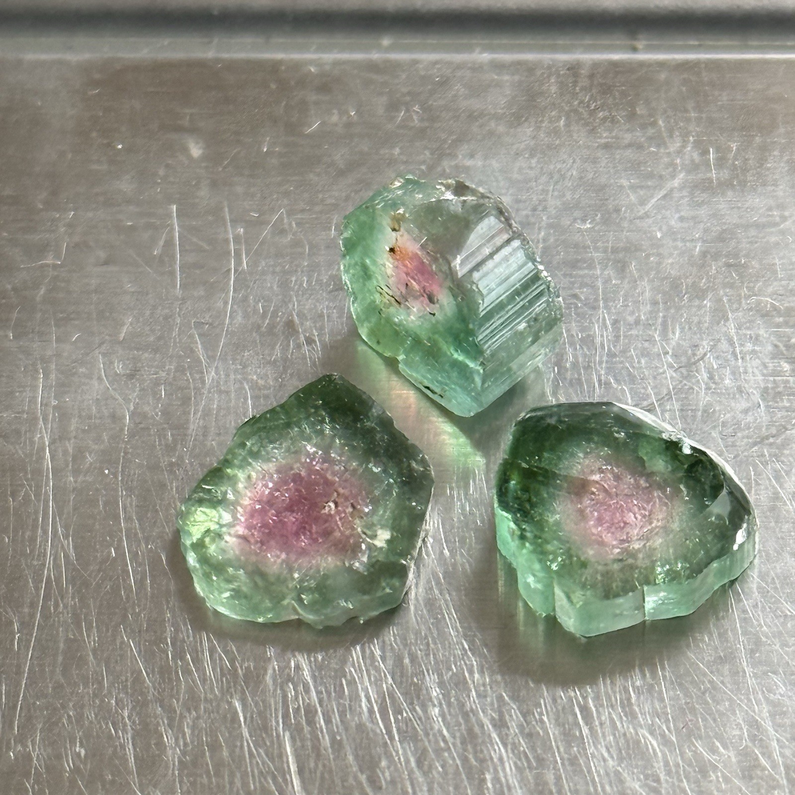 14ct 11-12×2.8-4.7mm 3pc Lot Pink Green Watermelon Tourmaline Slices Cabochons
