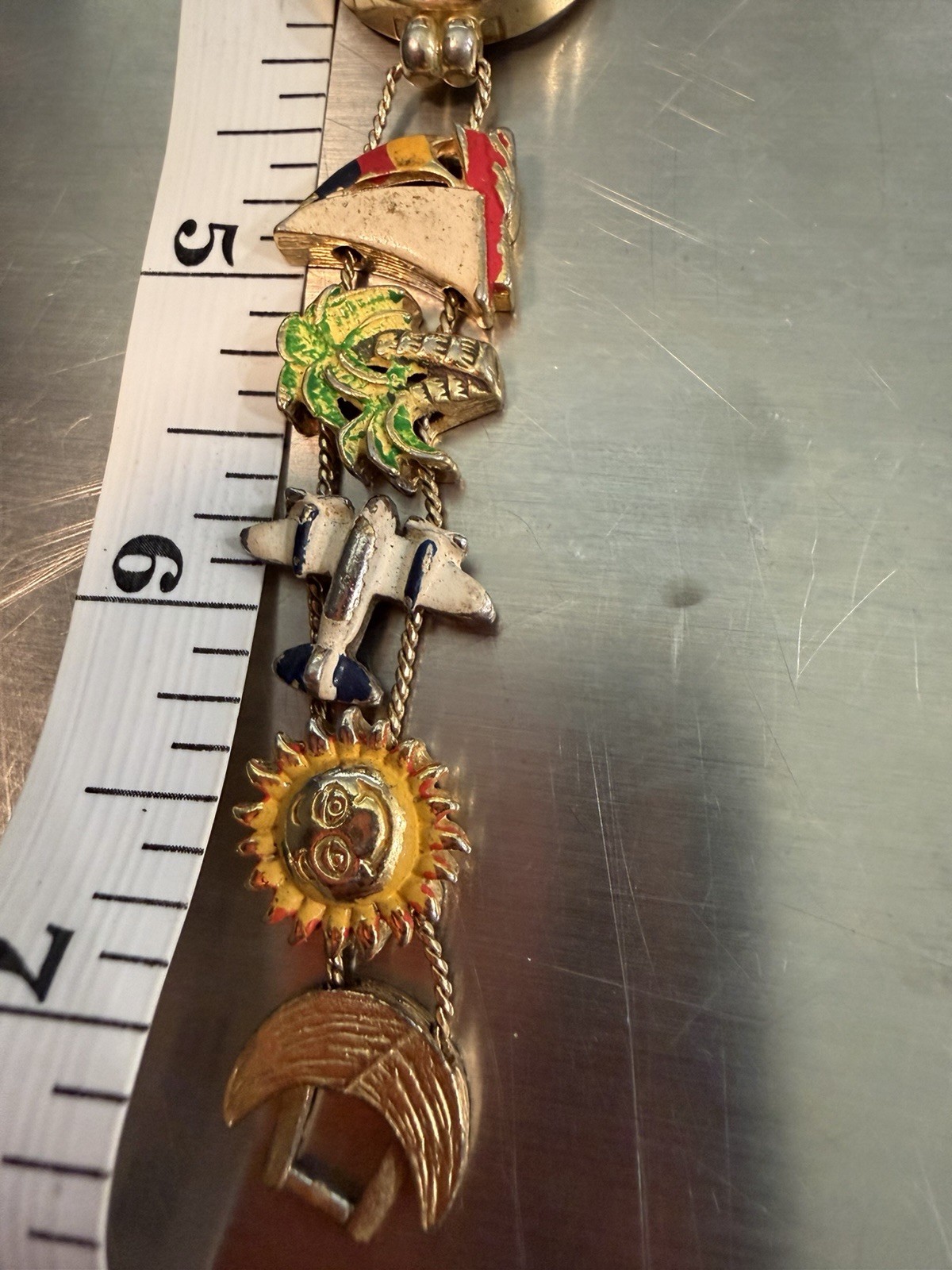 Gold-Toned Quartz Watch Slide Bracelet w/Travel Themed Painted Charms