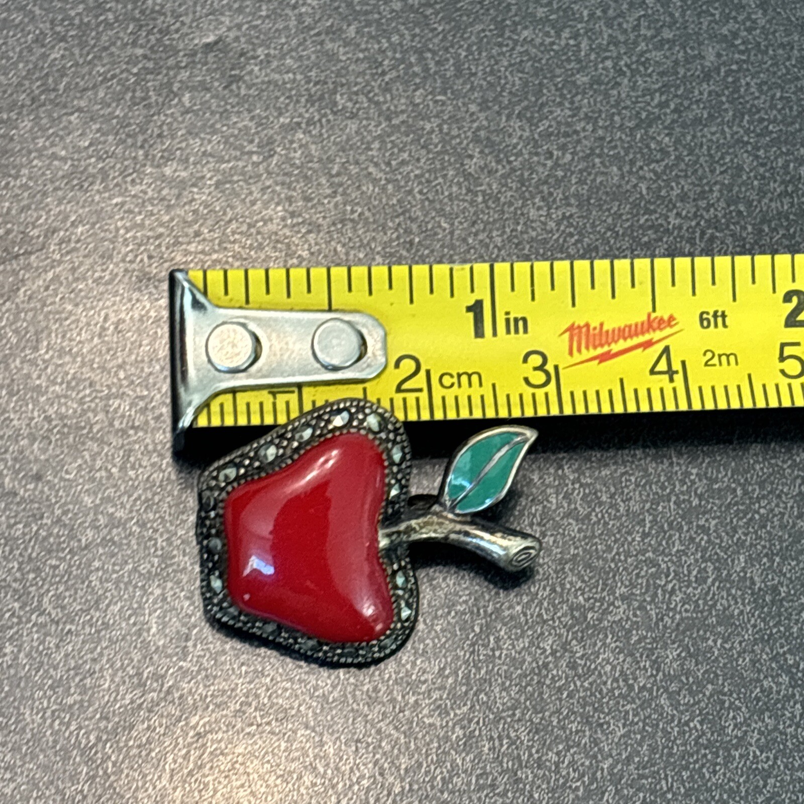 A Designer Signed Vintage Red Apple Enamel Marcasite Brooch Sterling Silver Yu