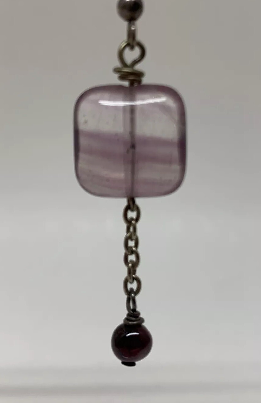 VTG Square Fluorite Dangle Hook Drop Chain Earrings 7.69g