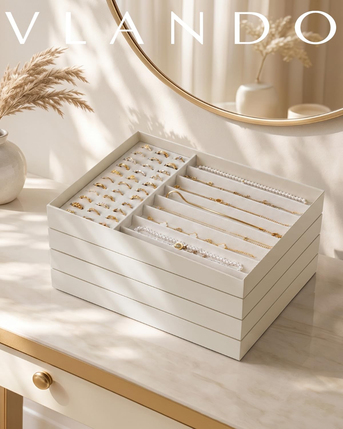 Stackable Jewelry Tray, Drawer Organizer for Rings Necklaces,Beige