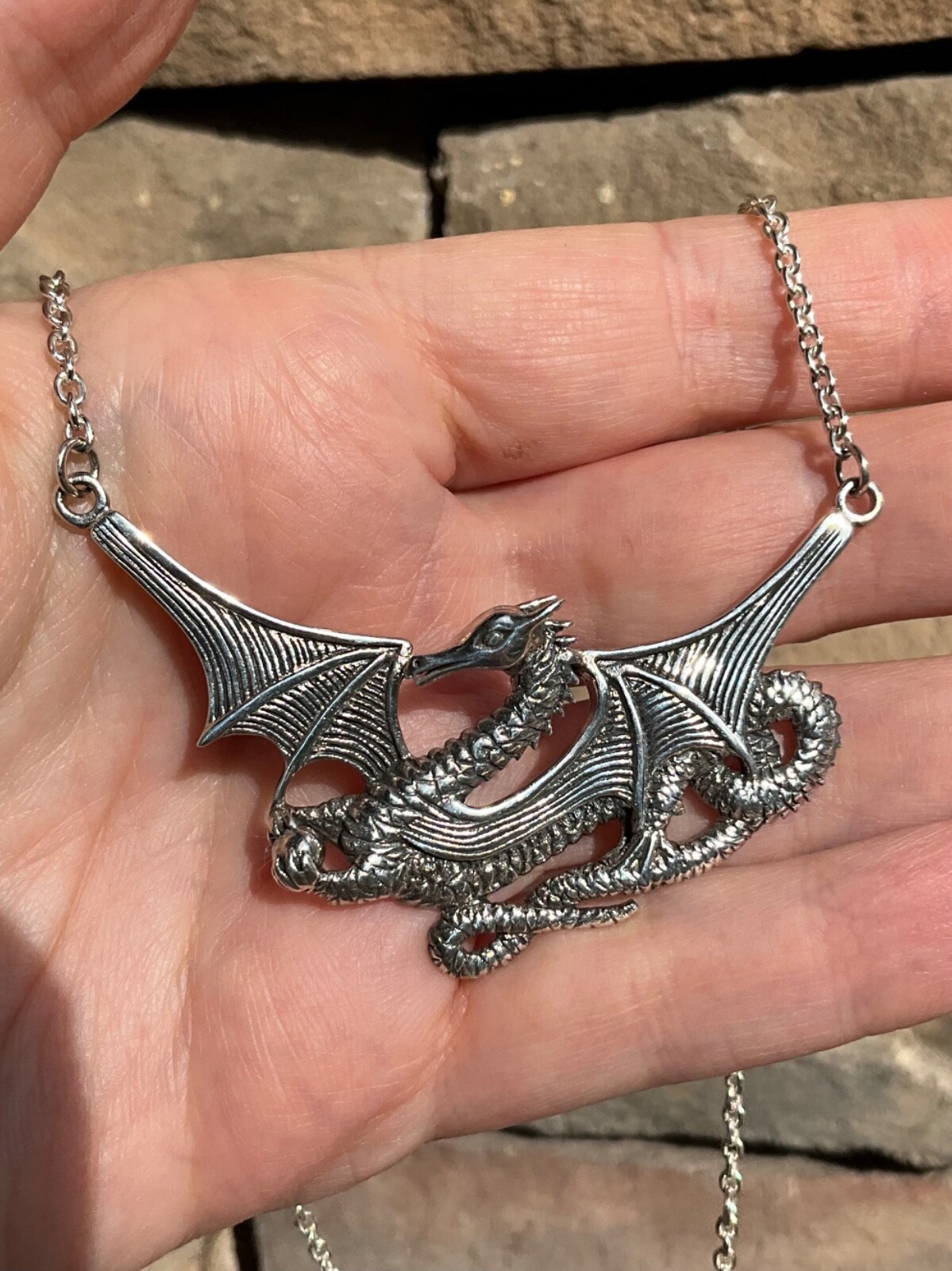 Huge Sterling Silver Dragon Necklace Peter Stone