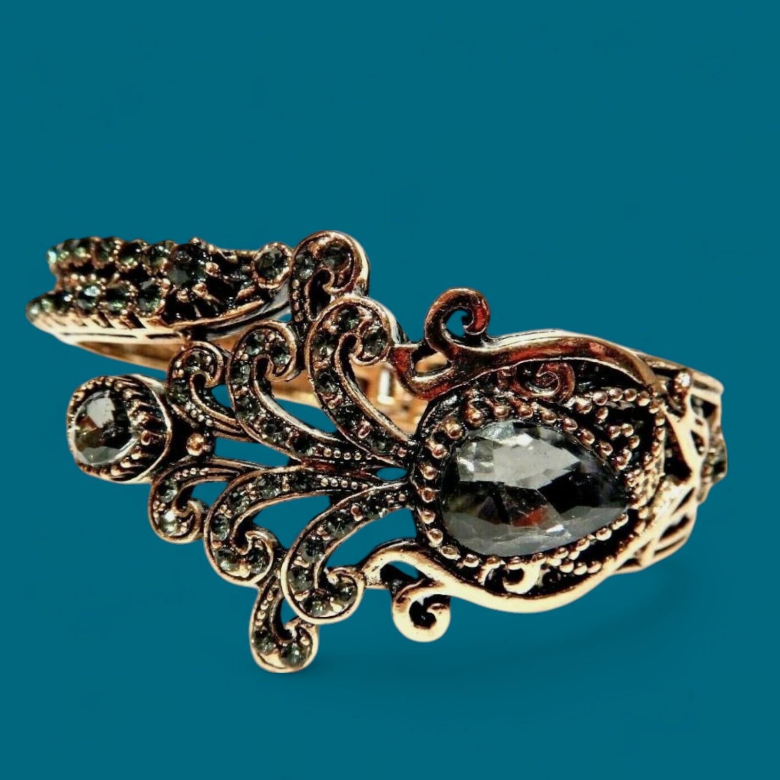 PEACOCK FEATHER FILIGREE CUFF copper gray crystal Turkish bangle bracelet I5