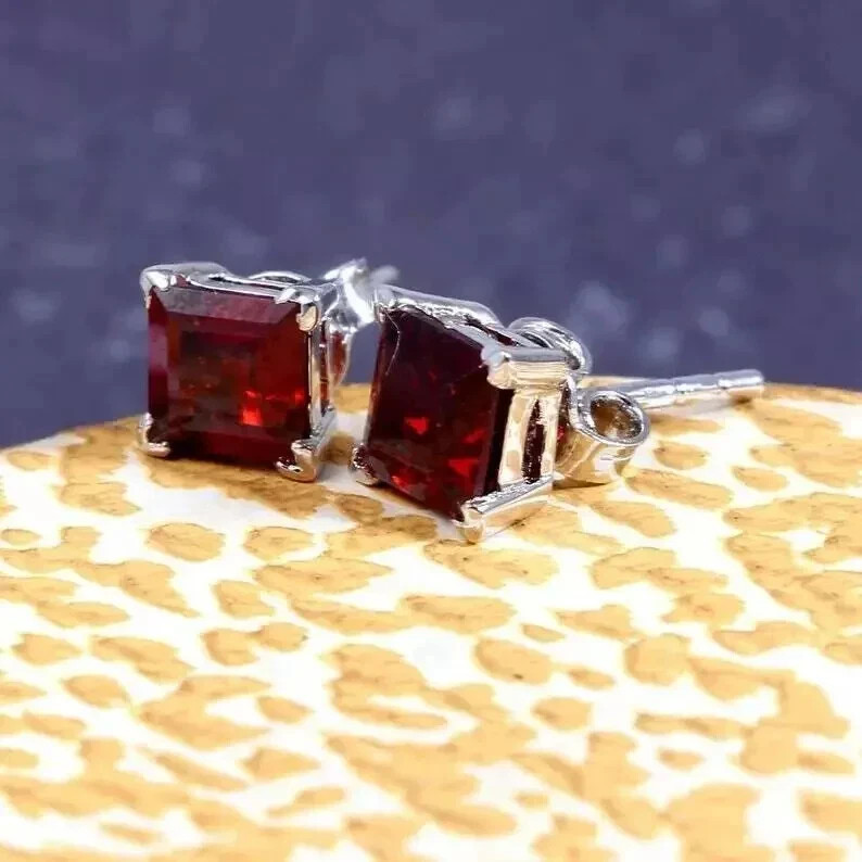 2Ct Princess Cut Lab-Created Red Ruby Men’s Stud Earrings 14K White Gold Finish