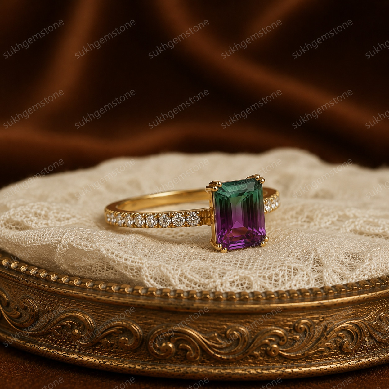Lab Created Watermelon tourmaline Ring, Base Metal: Brass Finish: Gold Plated