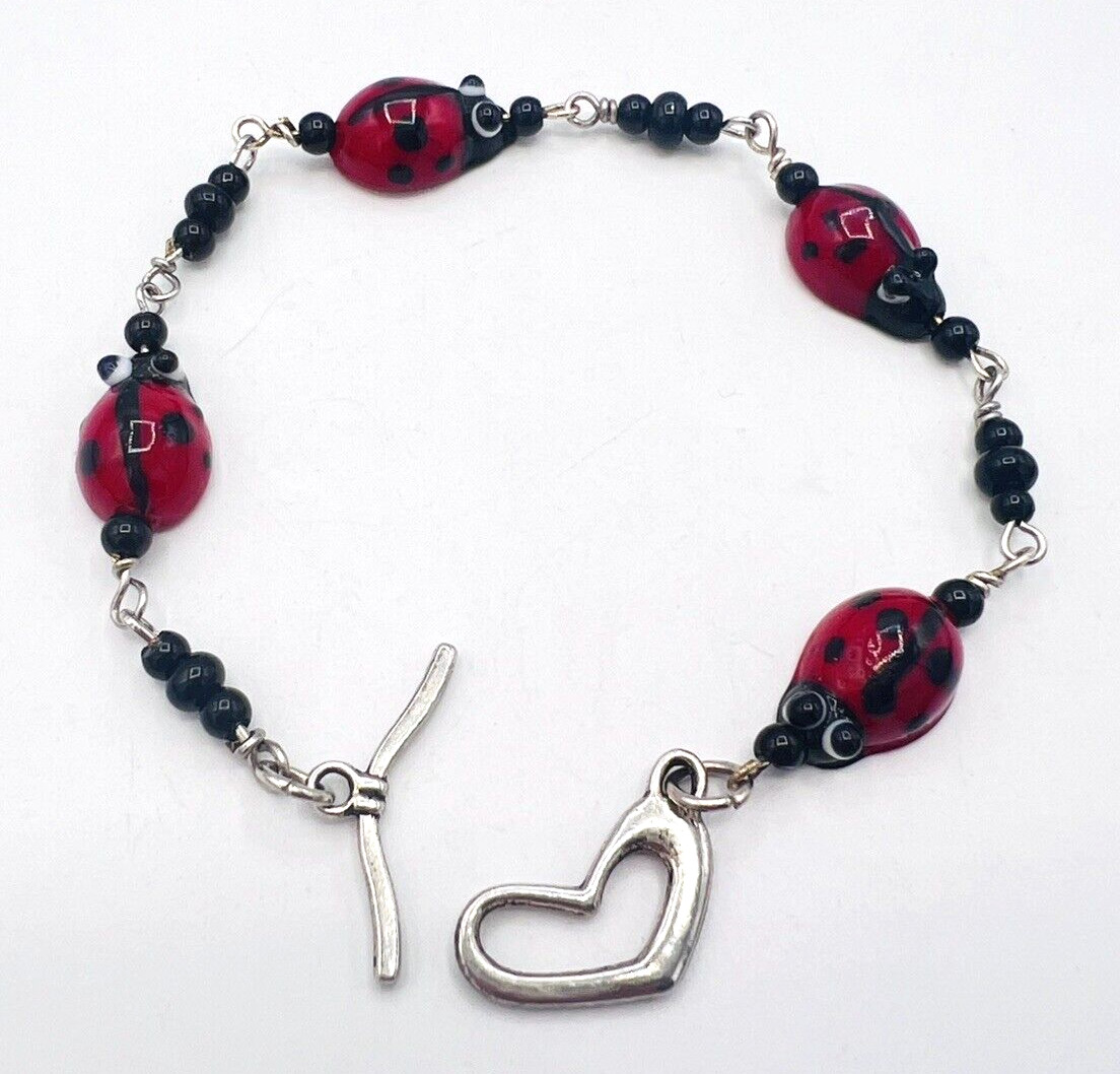 Glass Bead Red Black Ladybug Bracelet Heart Toggle Clasp 8.25 in