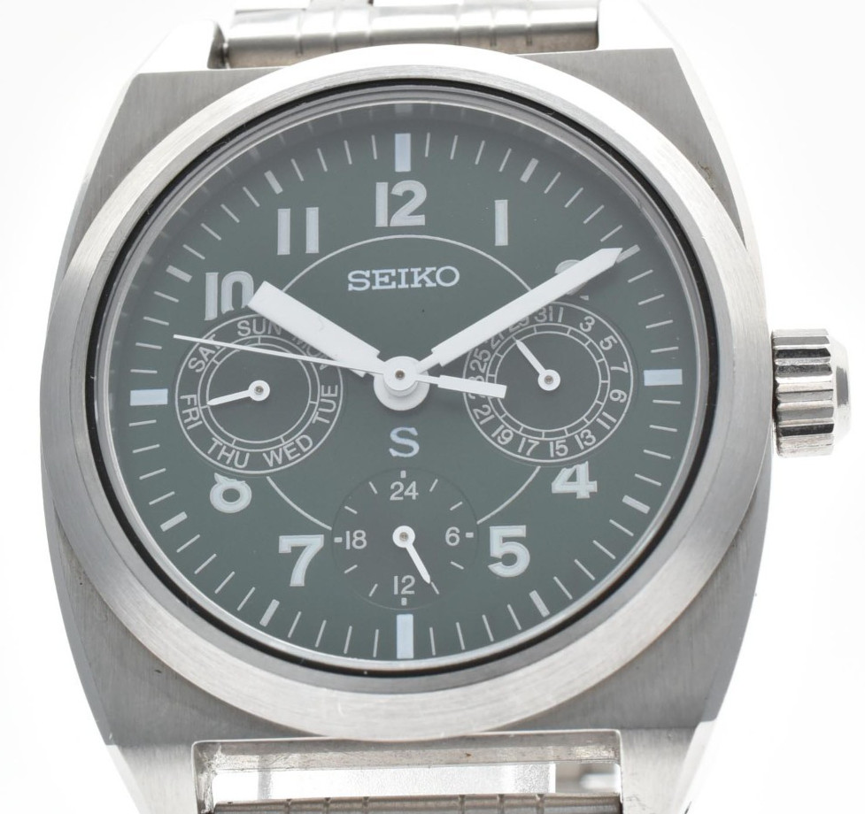 Seiko SUS 5Y89-0A50 Quartz Mens Watch Green Dial Military Vintage Stainless #153