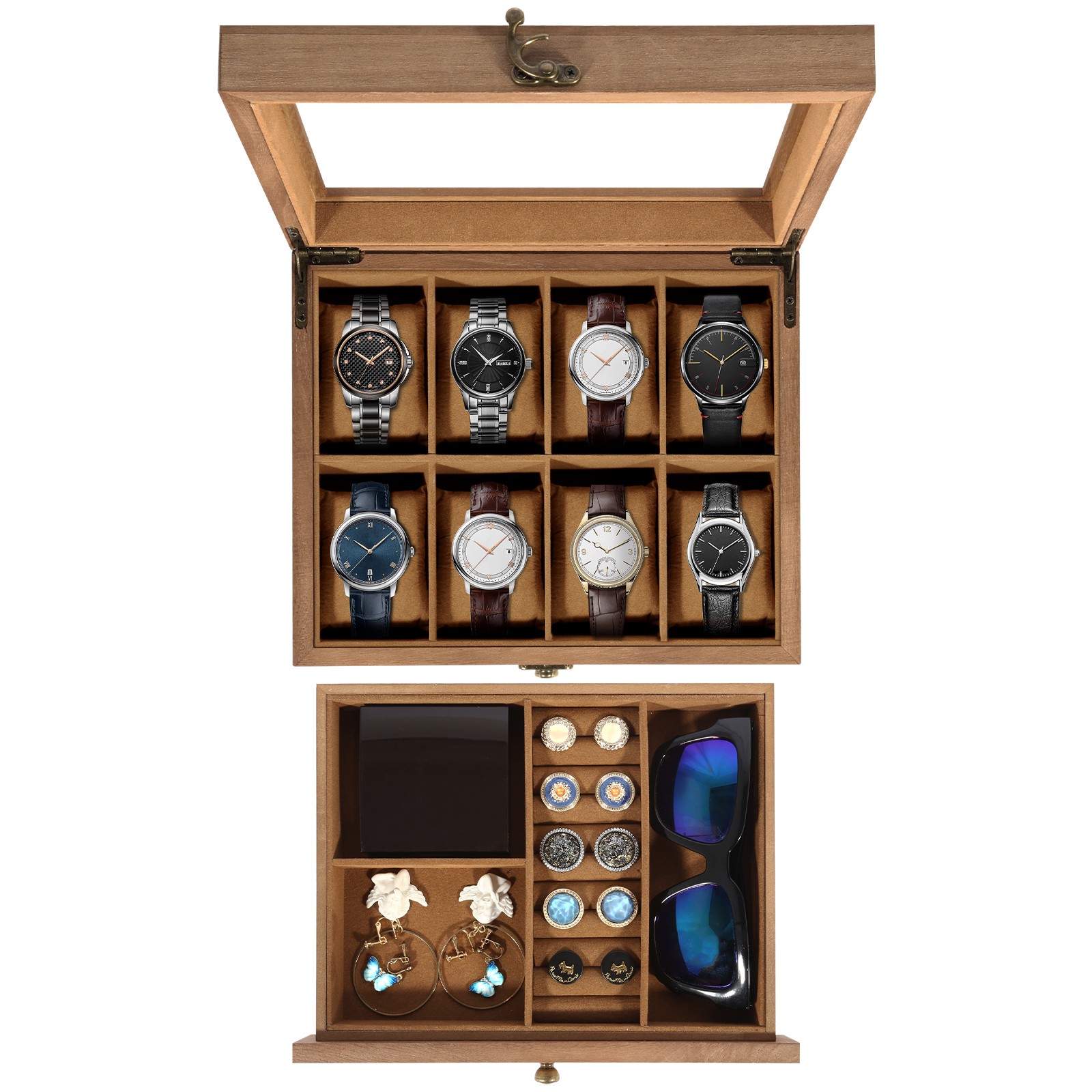 8 Slots Watch Box Solid Wood Watch Case Jewelry Storage Glass Lid Display Case