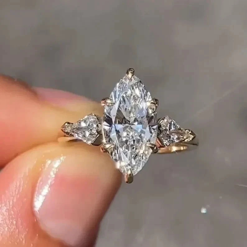 3.20 Ct White Moissanite Marquise Cut 3-Stone Engagement Ring 14K Yellow Gold FN