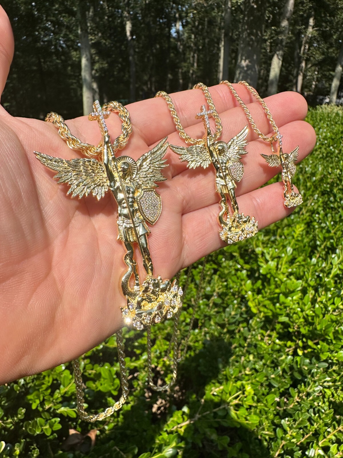 Real MOISSANITE Saint Michael Slaying Dragon Pendant 14k Gold Over 925 Silver