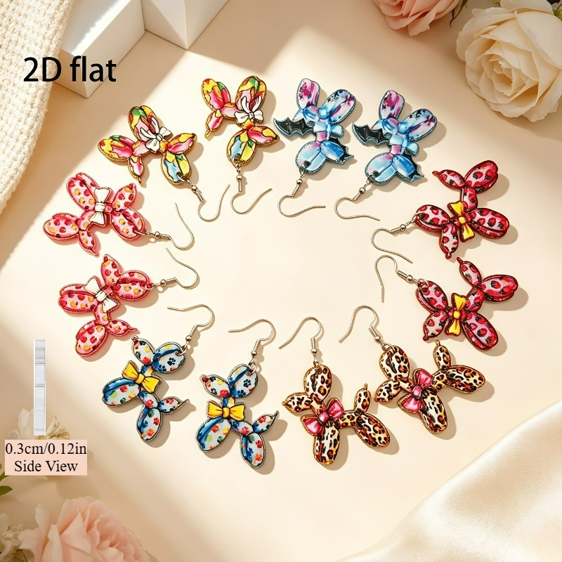 6 Pairs of Acrylic Colorful Printed Balloon Dog-shaped Bow Pendant Earrings