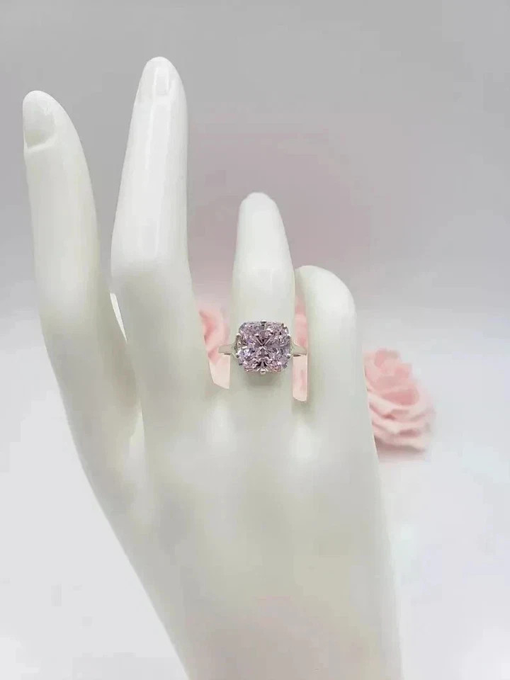 8.50Ct Lab Created Cushion Cut Pink Diamond Solitaire Ring 14K White Gold Plated
