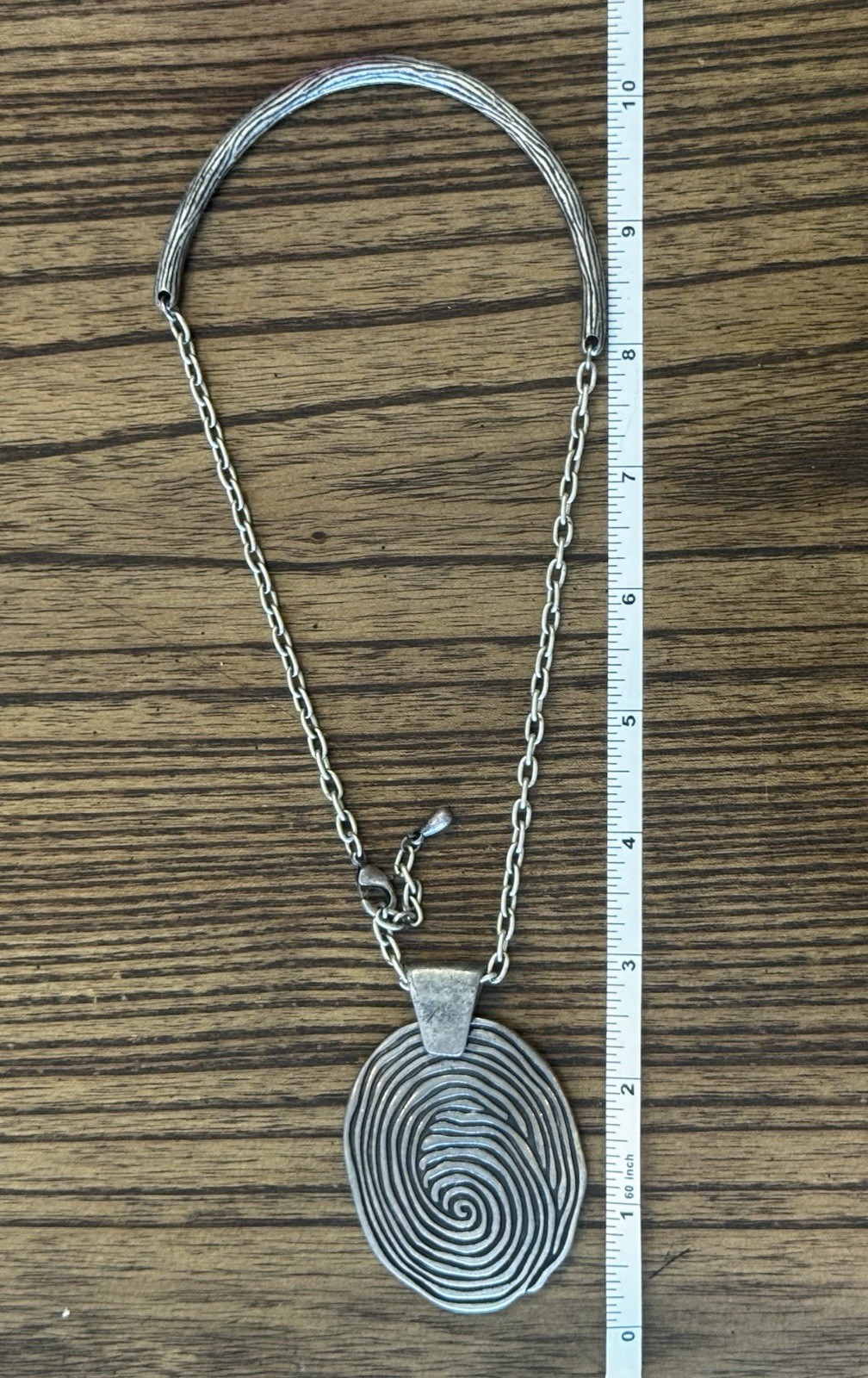 Boho Silvertone Tree Ring Pendant Collar Necklace Bark Textured Faux Wood Grain