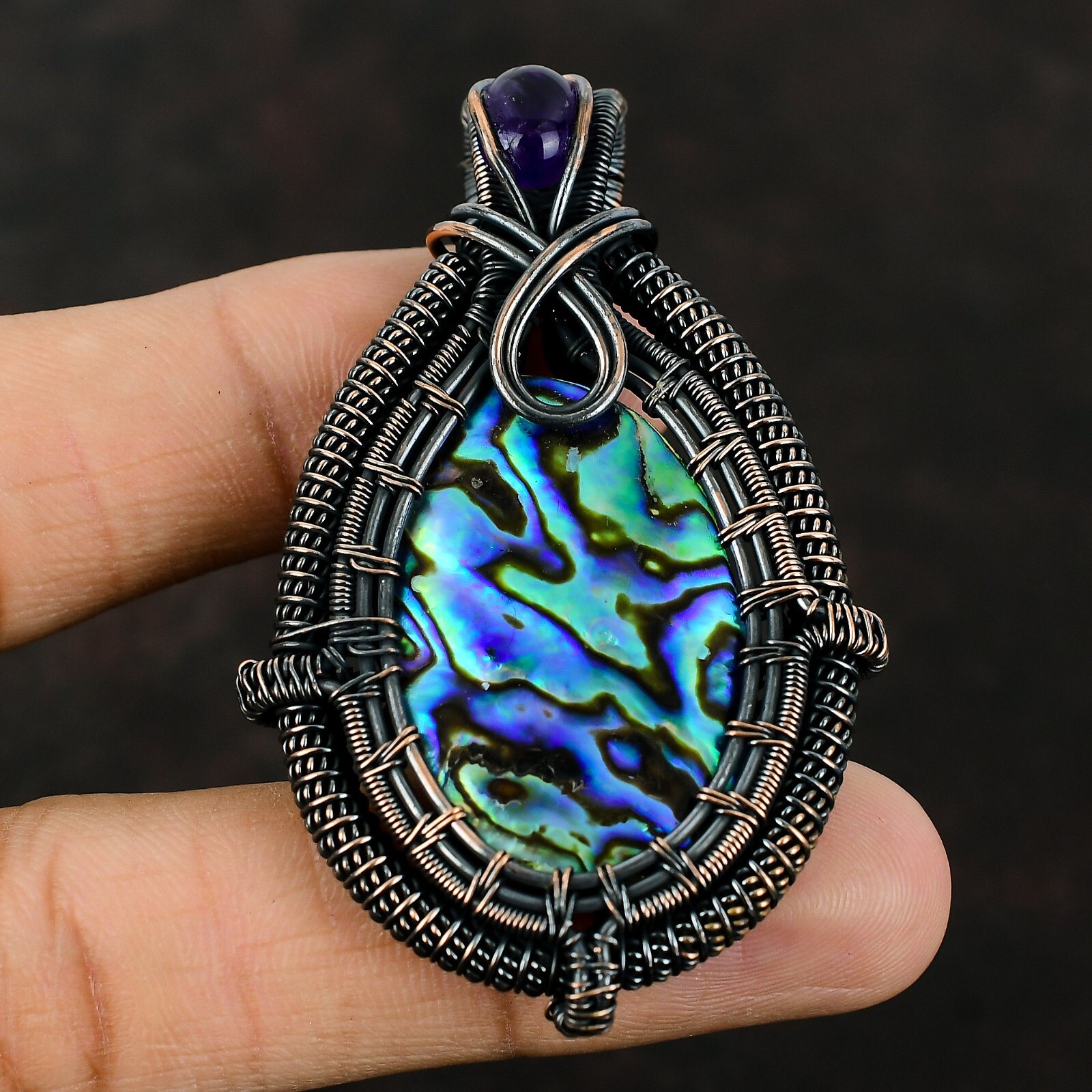 Abalone Shell Wire Wrapped Pendant Handcrafted Copper Holiday Jewelry 2.6″