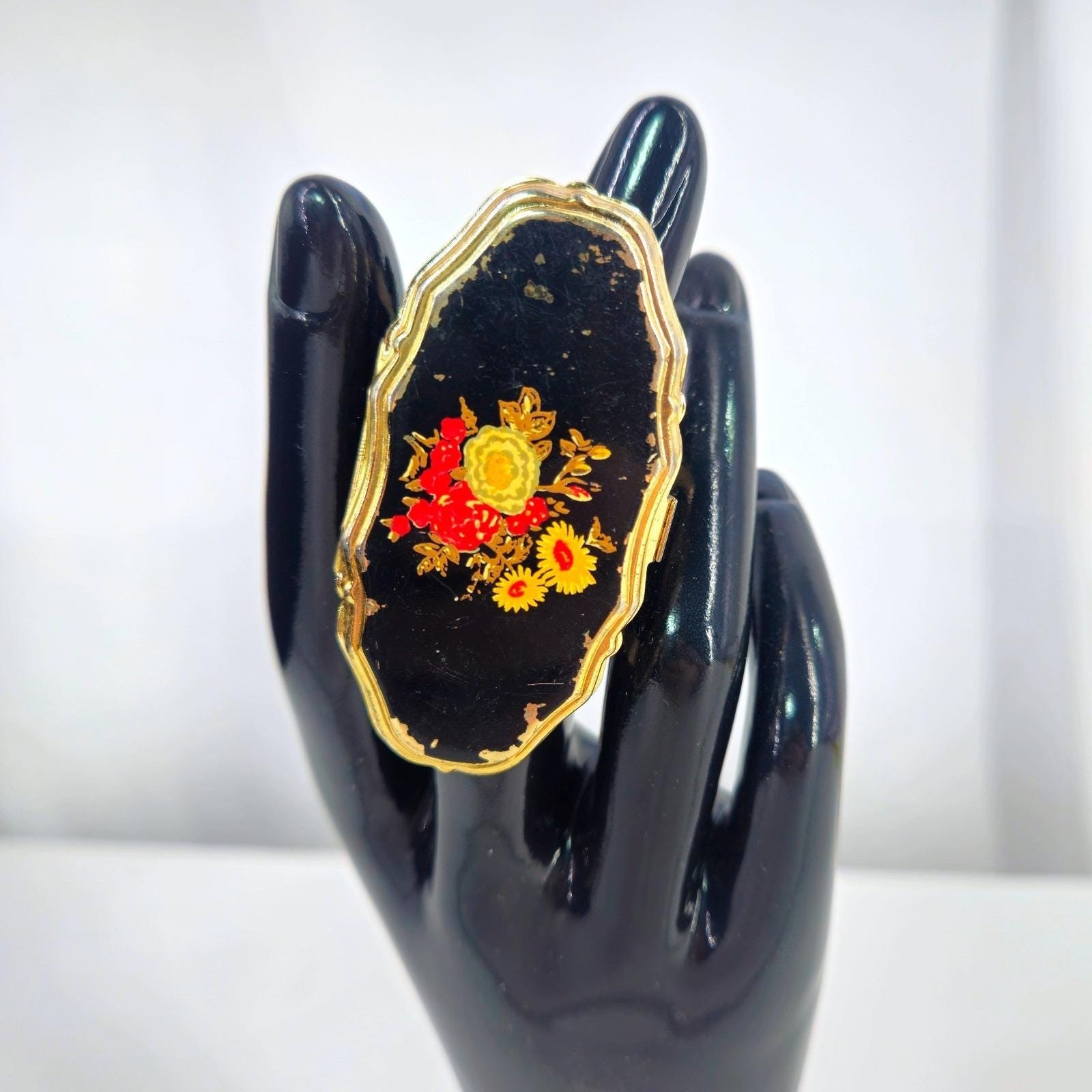 Vintage Lipstick Holder Flip Compact Mirror Handpainted Floral Gold Tone Black