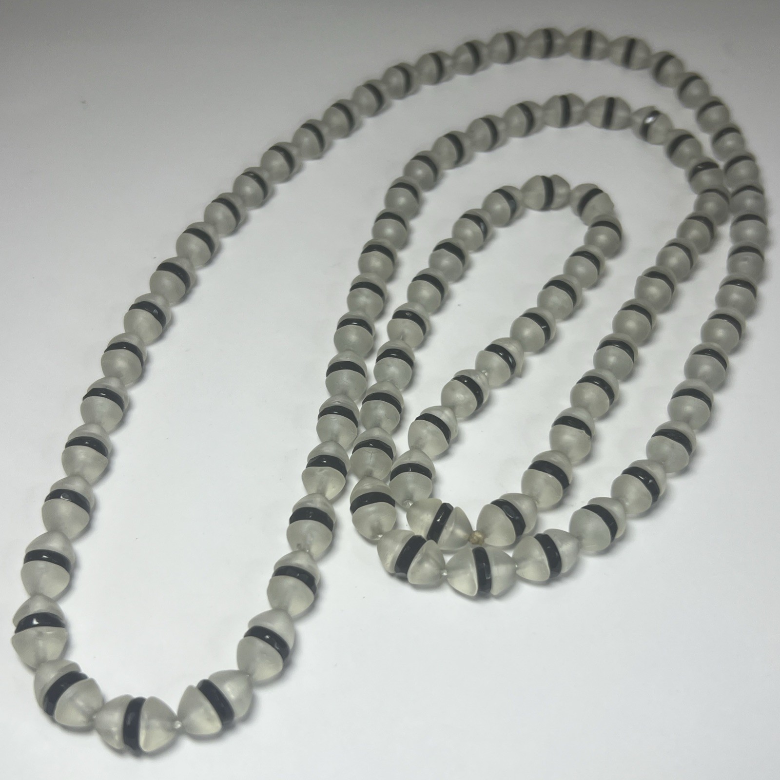 Art Deco Czech Frosted Opaque Glass & Jet Black Rondelle Bead Necklace 40”