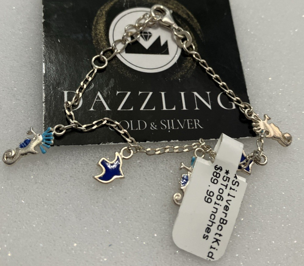 925 Sterling Silver Girl 5 Charms Bracelet Seahorse 3.2grams 5” To 6” New w/Tag