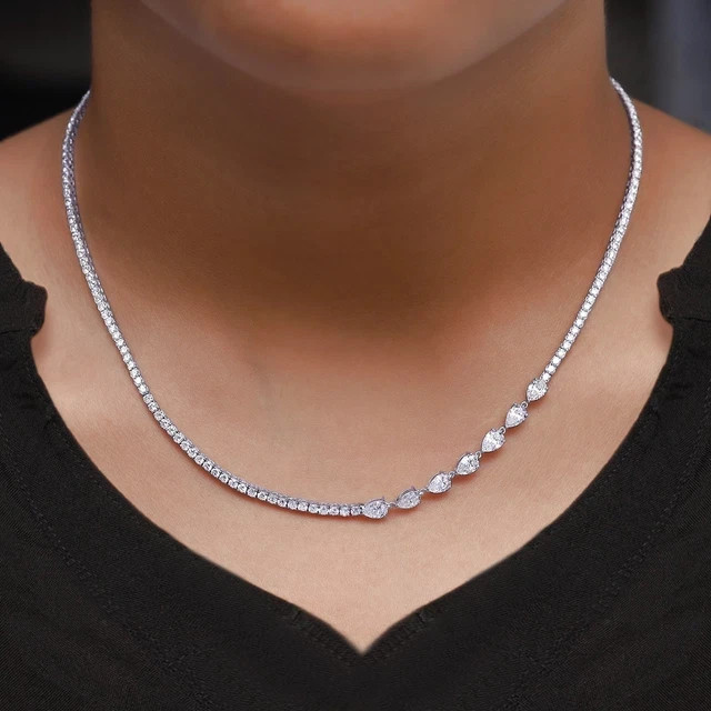 7.7 Ct Round & Pear Cut Moissanite Tennis 18″ Necklace 14K White Gold Pleated