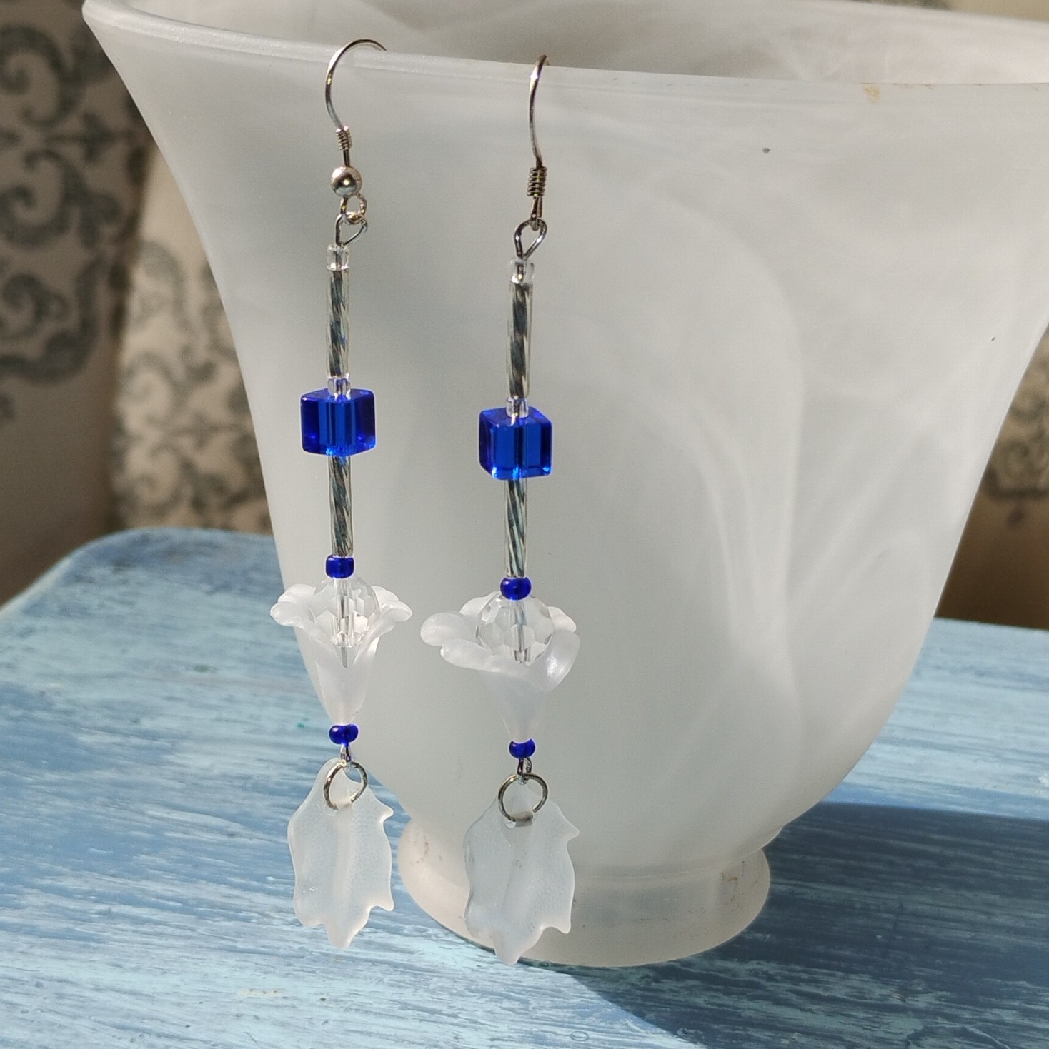 Handcrafted Glass Beaded Dangle Earrings Blue White Silver Hook Flower Nature