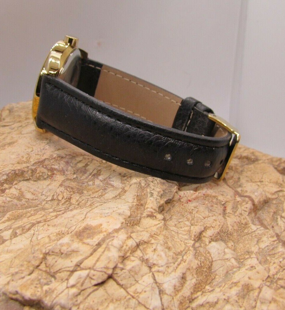 Womens Watch Black & Gold Crystal Accent Round Face Faux Leather Band Gli