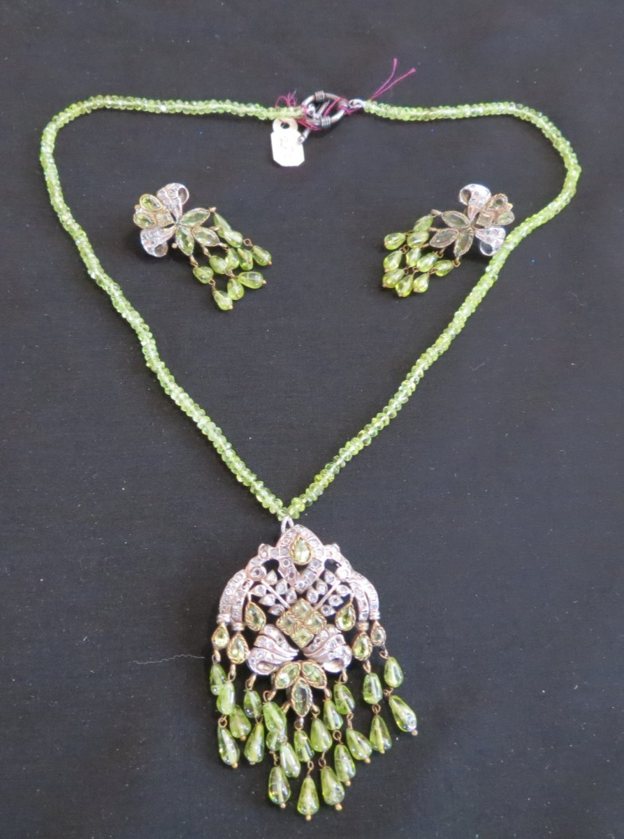 Vtg Chinese Export Green Glass Beads Silver Dangle Necklace & Pierced Earrings