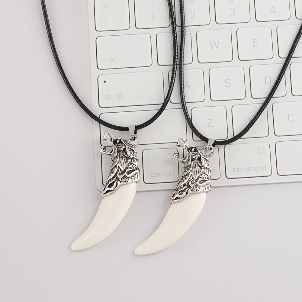 White Wolf Tooth Pendant Necklace Rope Chain Animal Amulet Jewelry