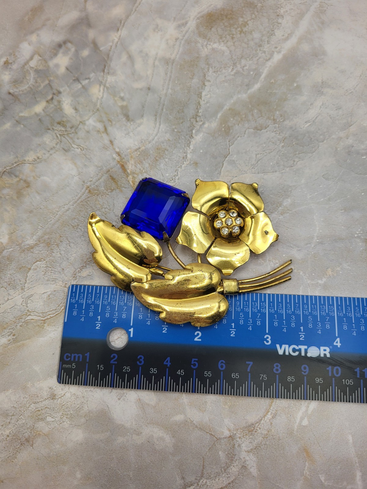 VTG Large Floral Brooch Sterling Silver w/ Gold Tone Finish Blue Glass Stone