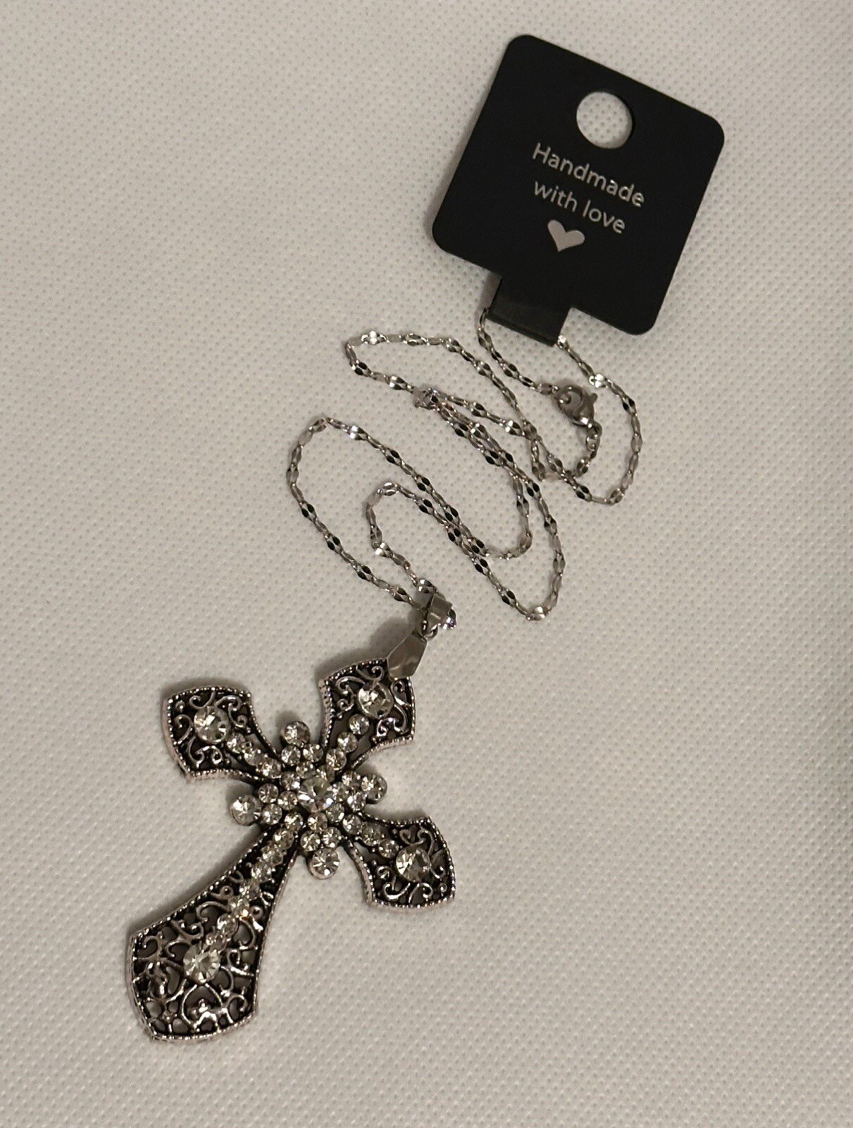 Large Victorian Cross Necklace Chain Silver Religious Gothic Grunch Whimsgoth
