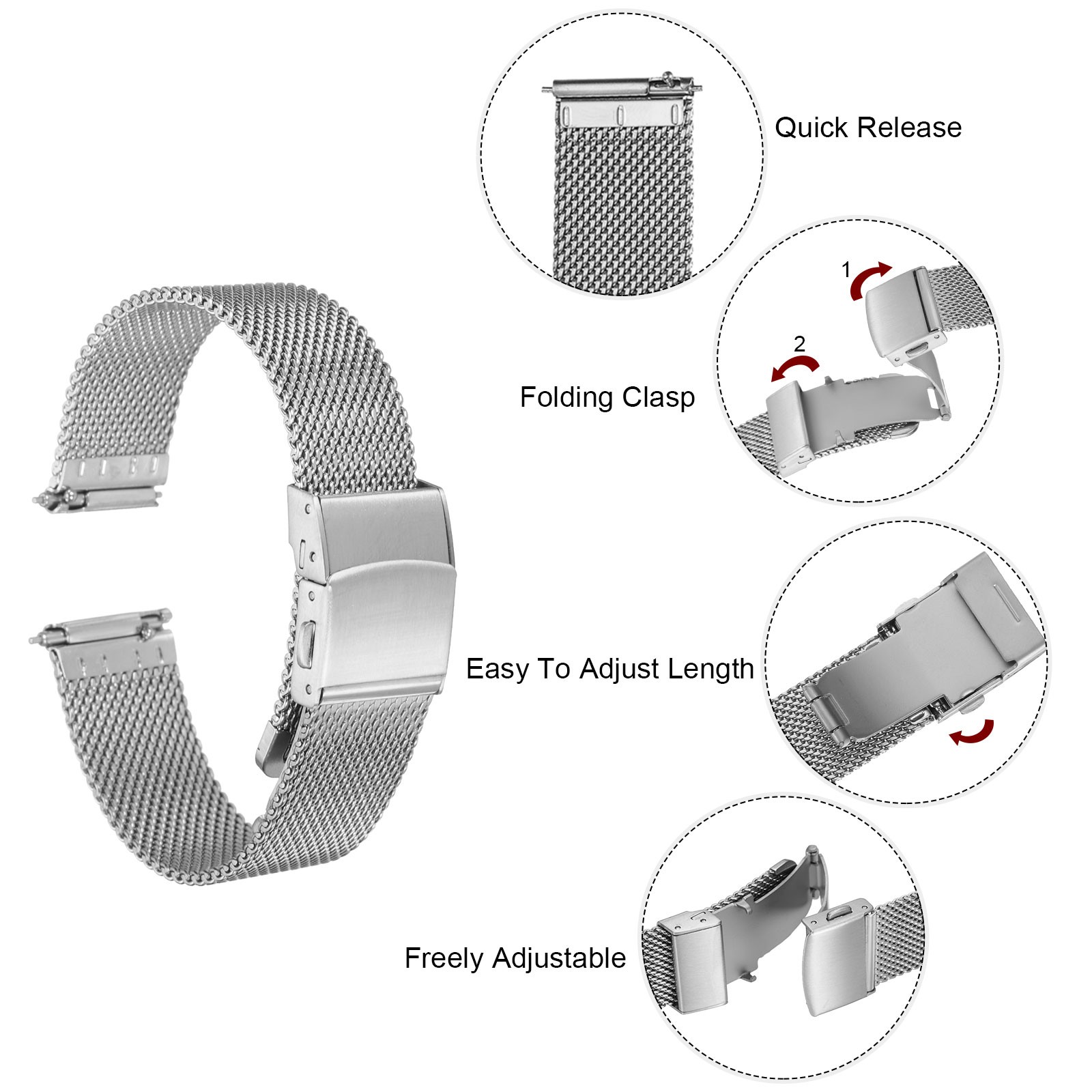 Stainless Steel Mesh Watch Band 16mm Quick Release Watch Strap Silver Tone