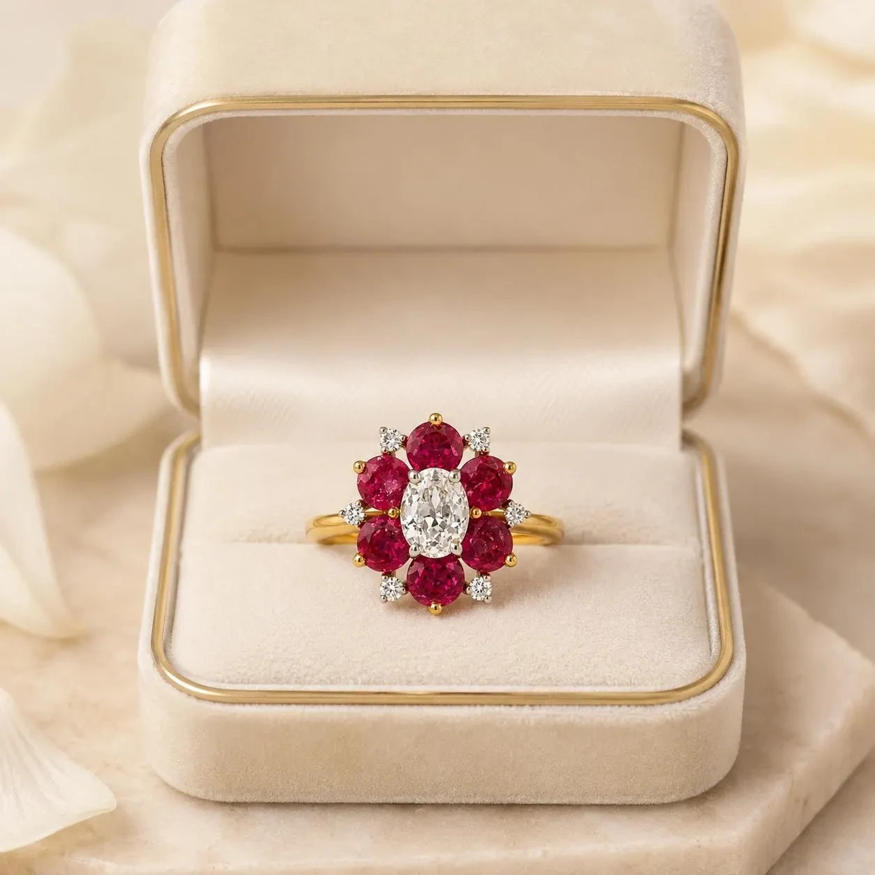 Natural Mined Diamond and Pink Sapphire Floral Halo Bridal Cocktail Ring – 14KT